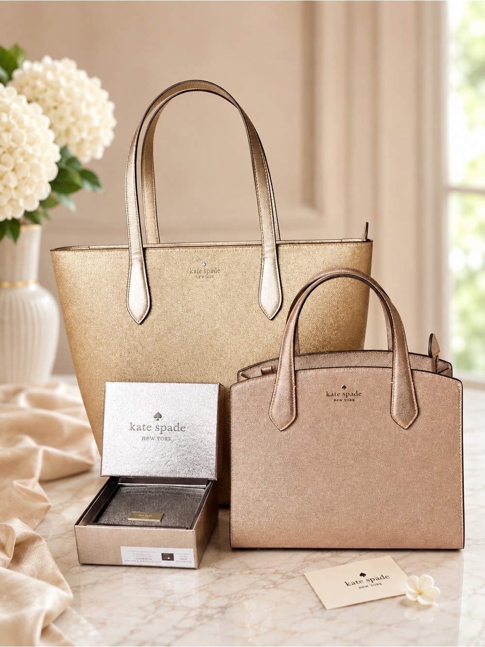 Kate Spade Glitter Gold Tote, Rose Gold Satchel and Pewter cardholder set! 3fer!